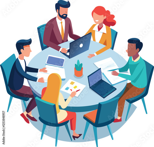 Partners meeting for business discussion with documents and laptop on desk. Couple at round table, speaking, discussing work, partnership. Flat vector on a white background