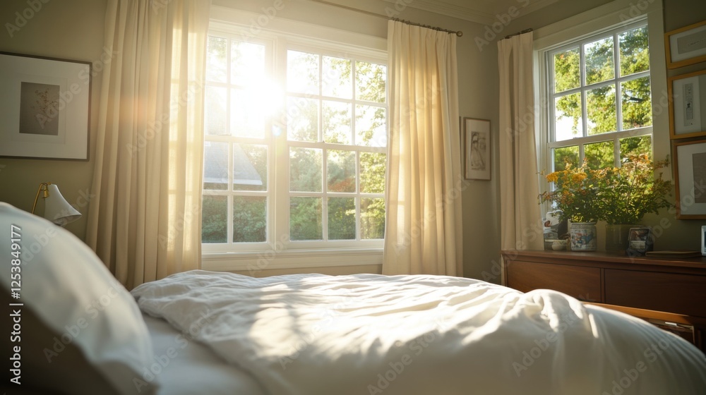 Fototapeta premium Cozy Bedroom Bathed in Morning Light with Soft Texture Bed Linen