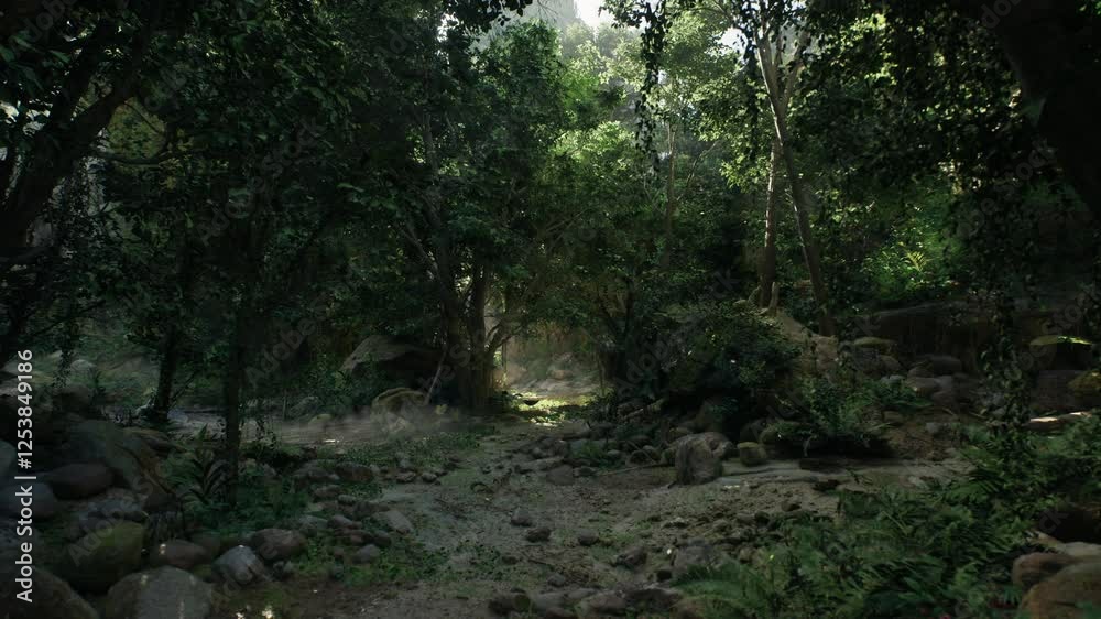 A dirt path stretches through the dense foliage of an Indonesian forest, surrounded by towering trees and lush greenery. A dirt path stretches through the dense foliage of an Indonesian forest, surrounded by towering trees and lush greenery.
