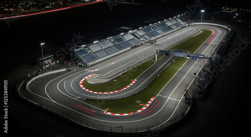 An aerial view of a sleek Formula 1 racetrack at night, with bright neon track lighting guiding the curves.