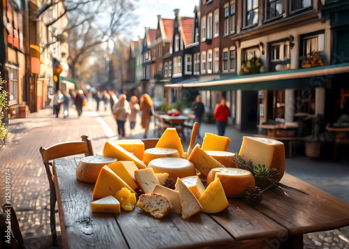 Different kinds of dutch cheese on a wooden table  in a street from a little village in the Netherlands