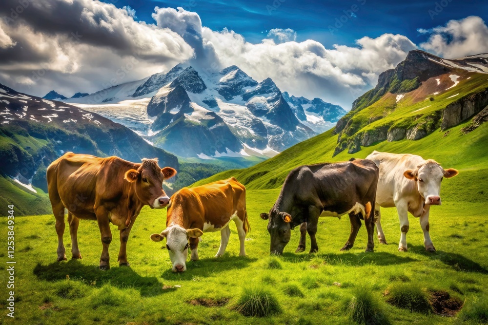 Obraz premium High-fashion bovine elegance amidst a vibrant spring meadow.