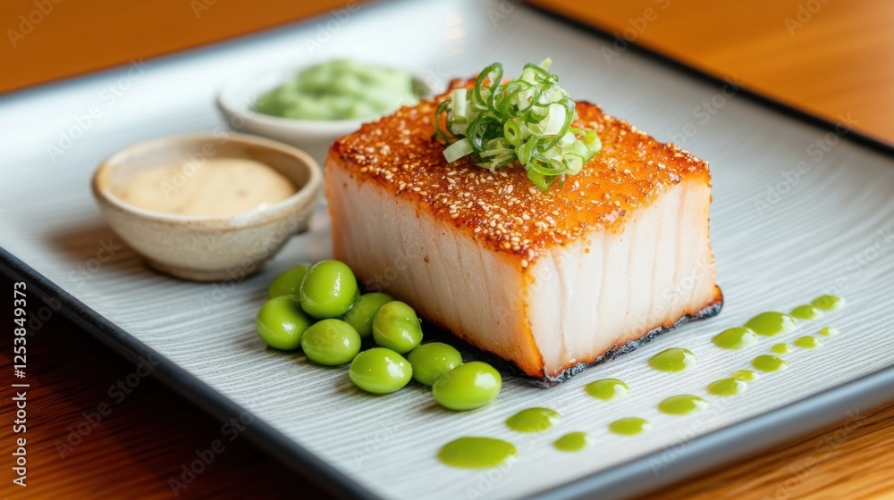 Grilled tuna steak with sesame crust, served with a side of edamame and wasabi mayo, artistic Grilled tuna steak with sesame crust, served with a side of edamame and wasabi mayo, artistic