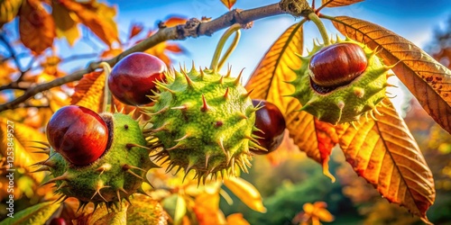 High-focus autumnal image: Horse chestnut conkers against a deep blue sky, showcasing fall's beauty.