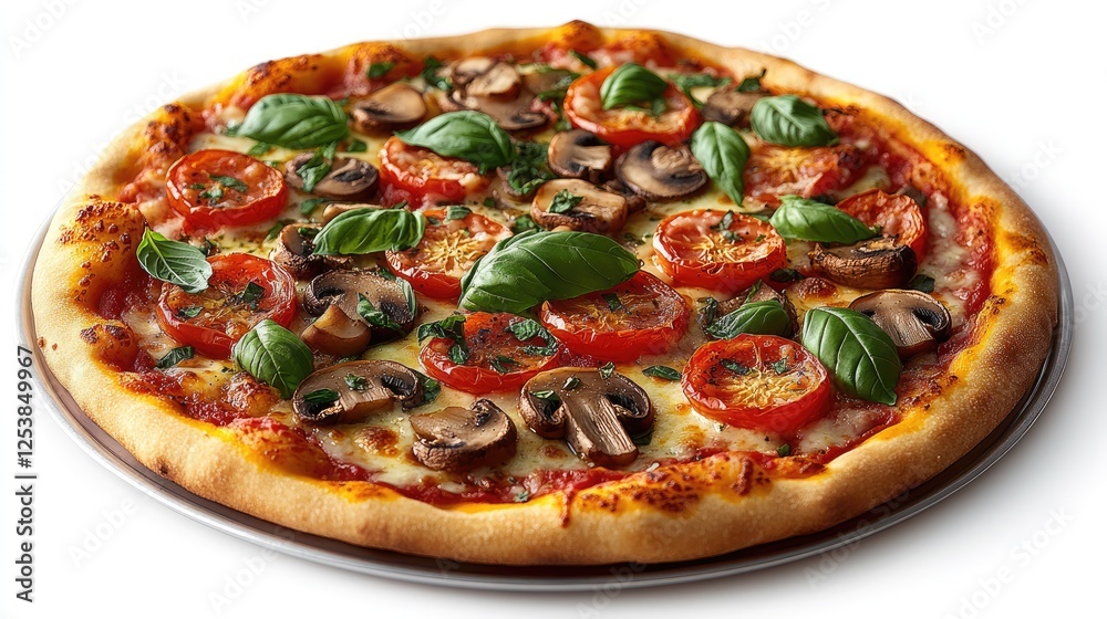 A delicious pizza topped with tomatoes, mushrooms, and fresh basil, ideal for sharing. A delicious pizza topped with tomatoes, mushrooms, and fresh basil, ideal for sharing.