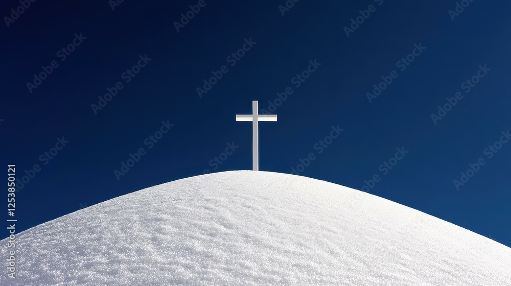 Cross on Snowy Hilltop Under Blue Sky Cross on Snowy Hilltop Under Blue Sky