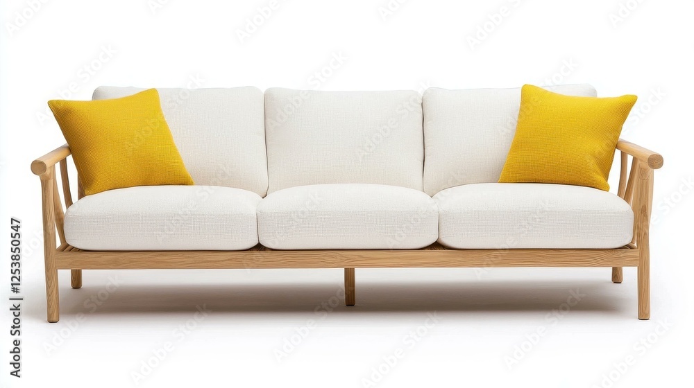 Fototapeta premium Modern Wooden Sofa with Yellow Cushions