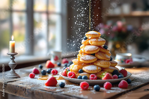 Tradititional dutch dish with little pancakes, poffertjes with sirup and powdered sugar  on top.