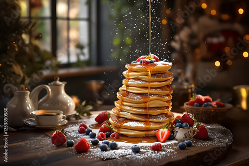 Tradititional dutch dish with little pancakes, poffertjes with sirup and powdered sugar  on top.
