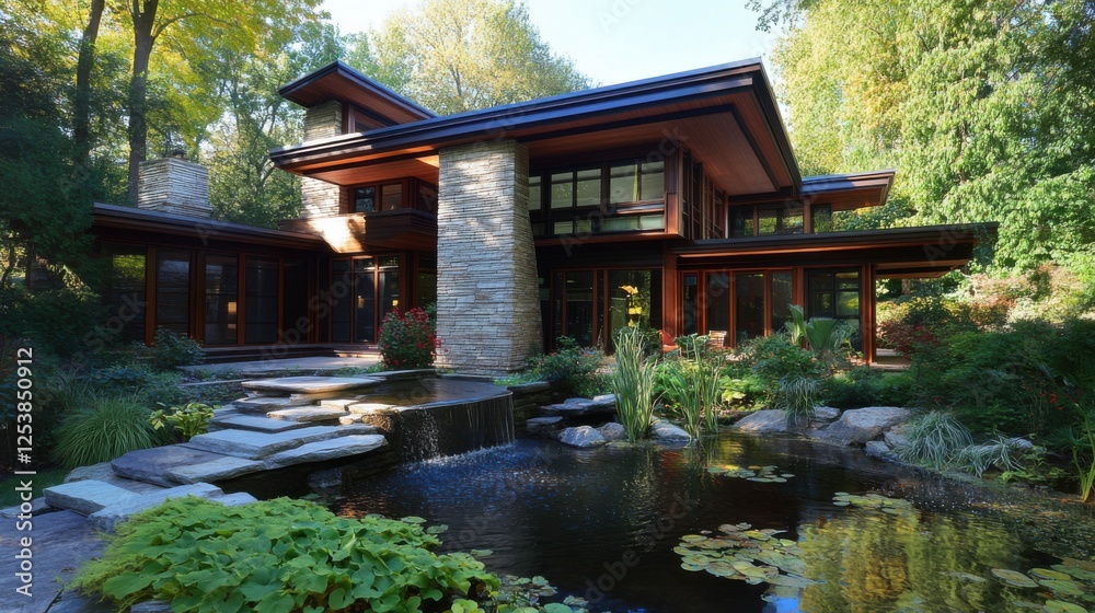 Modern Architectural Home Surrounded by Lush Greenery and Water Feature Modern Architectural Home Surrounded by Lush Greenery and Water Feature