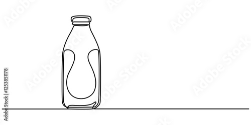 milk bottle continuous one line drawing, Plastic Milk Bottle, Bottle of milk design, Milk Bottle and Farming Line Icon, Fresh milk in a glass bottle, on a wooden table, next to a linen striped towel. 
