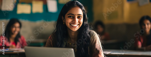 An Indian student sitting in the classroom and smiling while using their laptop
