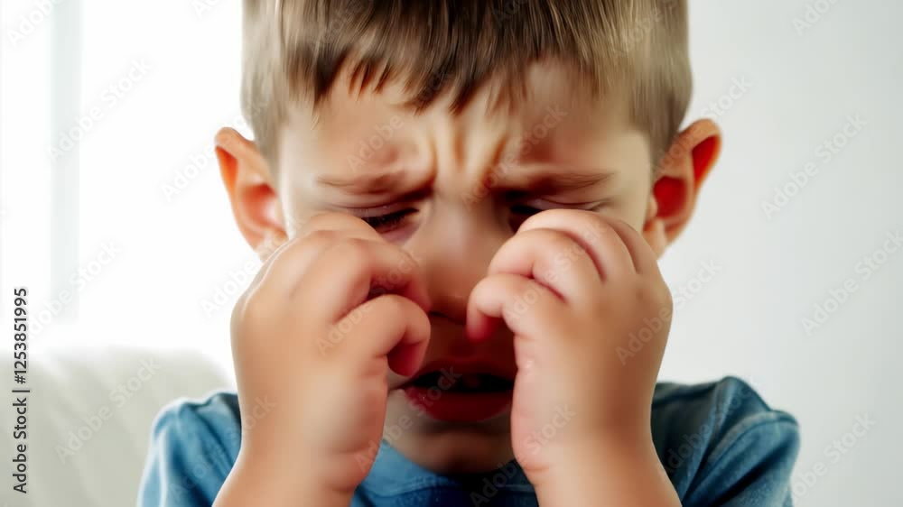 Upset Young Boy Crying with Hands Covering Face in Bright Room. Concept of childhood emotions, sadness, frustration, vulnerability, innocence, and tender feelings Upset Young Boy Crying with Hands Covering Face in Bright Room. Concept of childhood emotions, sadness, frustration, vulnerability, innocence, and tender feelings