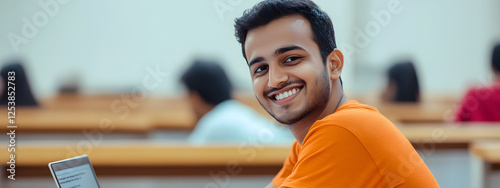 An Indian student sitting in the classroom and smiling while using their laptop
