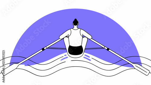 A person is depicted rowing a boat against the backdrop of a large blue semicircle, suggesting a setting sun or moonrise.The simplified design emphasizes movement with stylized water waves and oars.AI