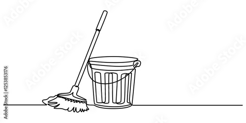 Cleaning tools mop, bucket, detergent, gloves. One continuous line art drawing banner, poster, background with set of cleaning tools,Continuous Line Drawing of Cleaning Icon. Hand Drawn Symbol Vector.