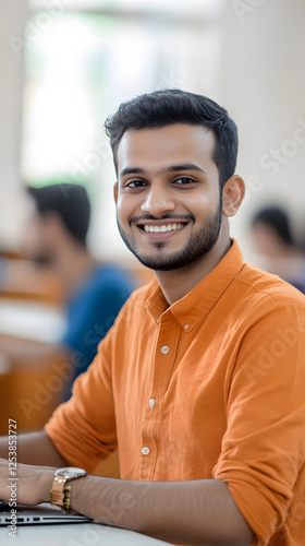 An Indian student sitting in the classroom and smiling while using their laptop
