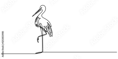 Continuous line drawing of stork. Template for your design works. Vector illustration, heron, egret flapping its wings, side view. birds with continuous one line drawing. editable stroke. minimal pro.