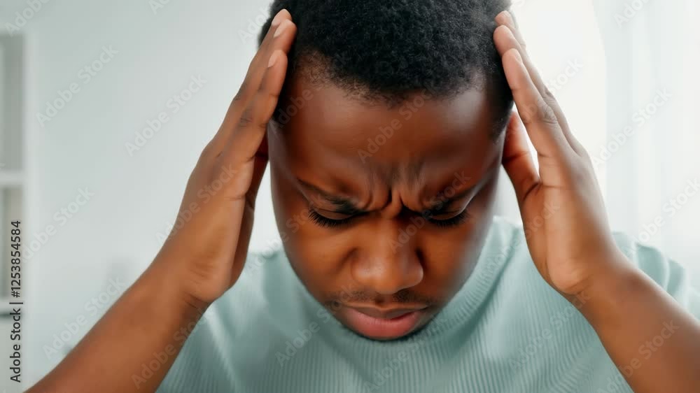 Young African American Man Experiencing Stress and Headache at Home holding his temples with pained expression . Concept of Emotional Strain, Mental Health, Personal Wellbeing, Stress Relief Young African American Man Experiencing Stress and Headache at Home holding his temples with pained expression . Concept of Emotional Strain, Mental Health, Personal Wellbeing, Stress Relief
