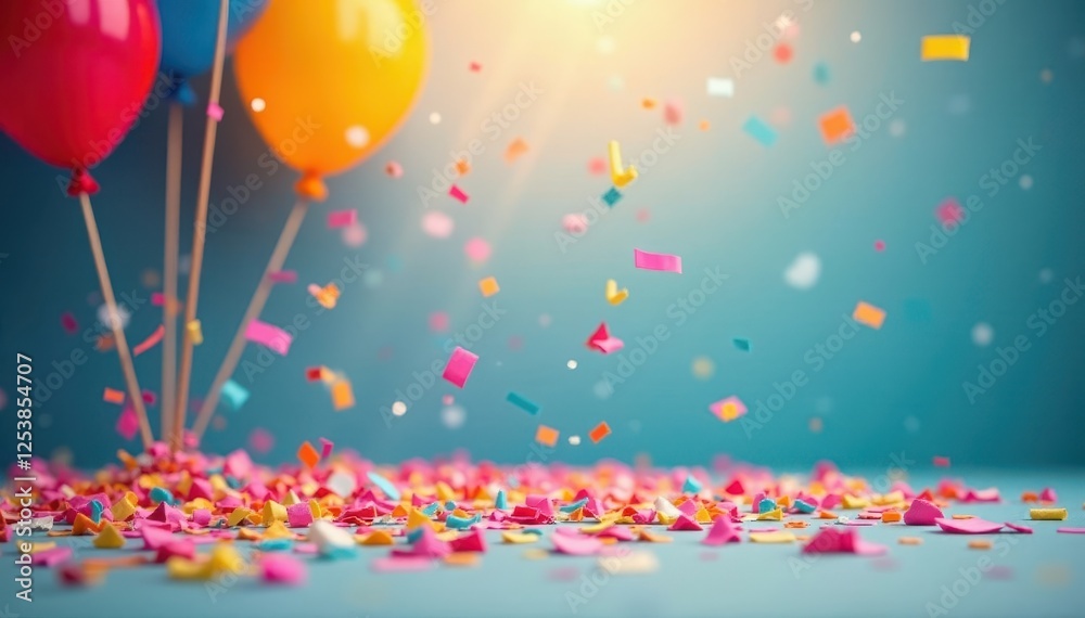 Confetti scattered on ground with balloons floating above, vibrant colors, balloons, celebration Confetti scattered on ground with balloons floating above, vibrant colors, balloons, celebration