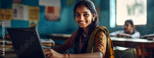 An Indian student sitting in the classroom and smiling while using their laptop
