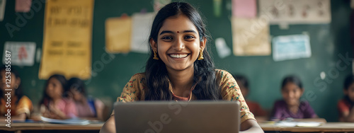 An Indian student sitting in the classroom and smiling while using their laptop
