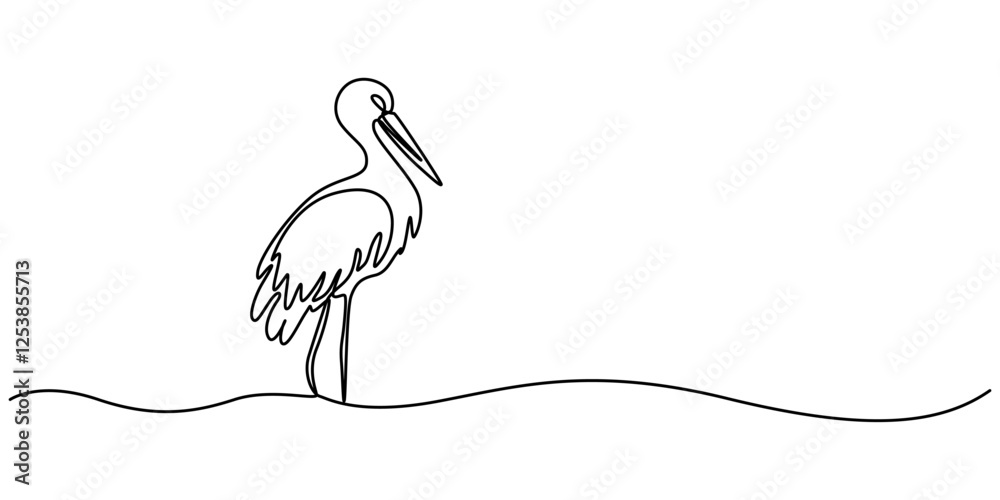 Obraz premium Continuous line drawing of stork. Template for your design works. Vector illustration, heron, egret flapping its wings, side view. birds with continuous one line drawing. editable stroke. minimal pro.