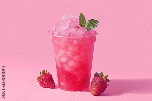 Bright pink drink in clear cup, garnished with mint and surround photo