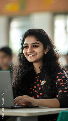 An Indian student sitting in the classroom and smiling while using their laptop
