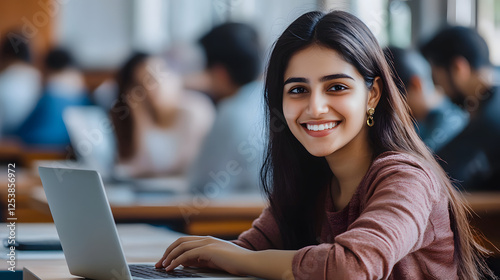 An Indian student sitting in the classroom and smiling while using their laptop
