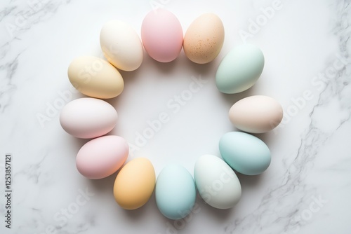 High-end Easter flat lay with Easter eggs in an aesthetic circular pattern photo