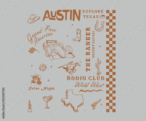 Austin Texas holidays vector art, Things to do in Texas, Western desert retro vintage artwork for t shirt, poster, embroidery, graphic print