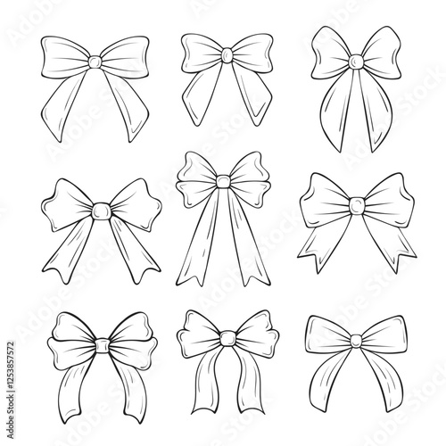 Set of hand-drawn bows. Outlined bows in different styles for gift tags, greeting cards, scrapbooking, design elements, patterns, coloring pages. Editable, customizable, isolated.