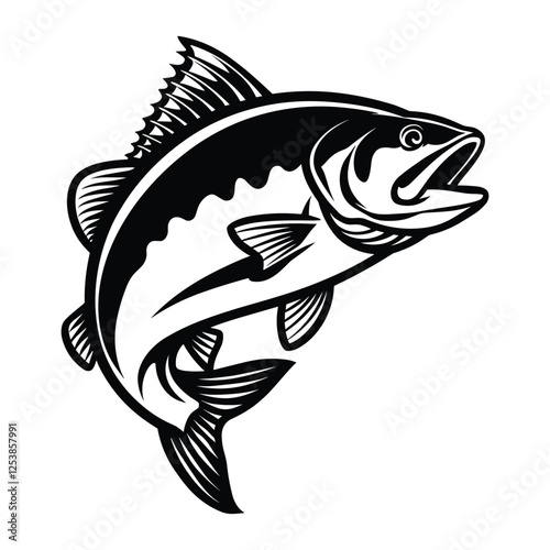 Powerful fish illustration in a bold, black-and-white style.