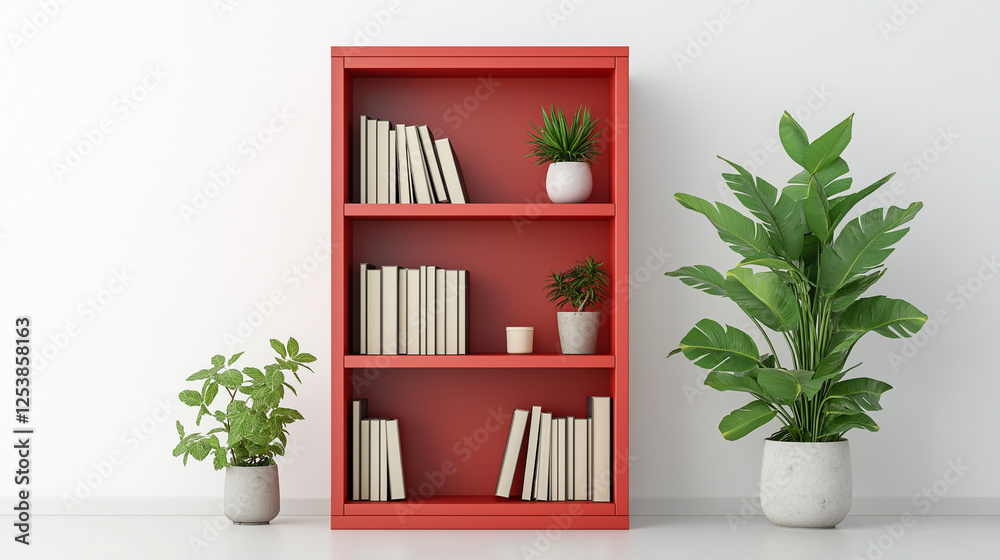red wooden bookshelf with multiple compartments isolated on white background and vase next to it red wooden bookshelf with multiple compartments isolated on white background and vase next to it