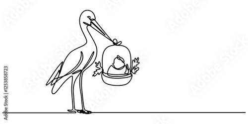 stork holding a baby basket icon continuous one line drawing, Stork Delivering Baby, Stork Brings Cute Newborn Baby Girl or boy, Stork with baby, Stork Carrying a Bundle, Infant delivery, pro vector.