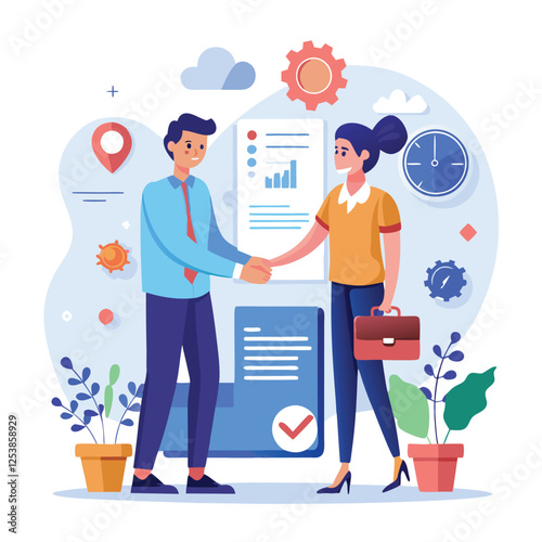 People shaking hands at work - Two businesspeople, man and woman doing handshake in office at work while smiling over business agreement and deal. Flat design stock illustration on white background