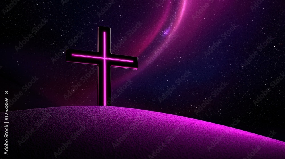 Neon cross in a cosmic landscape at night. Neon cross in a cosmic landscape at night.
