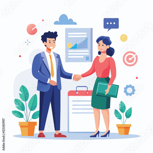 People shaking hands at work - Two businesspeople, man and woman doing handshake in office at work while smiling over business agreement and deal. Flat design stock illustration on white background