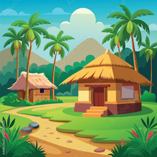 Rural village scene with thatched huts and palm trees.
