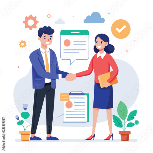 People shaking hands at work - Two businesspeople, man and woman doing handshake in office at work while smiling over business agreement and deal. Flat design stock illustration on white background