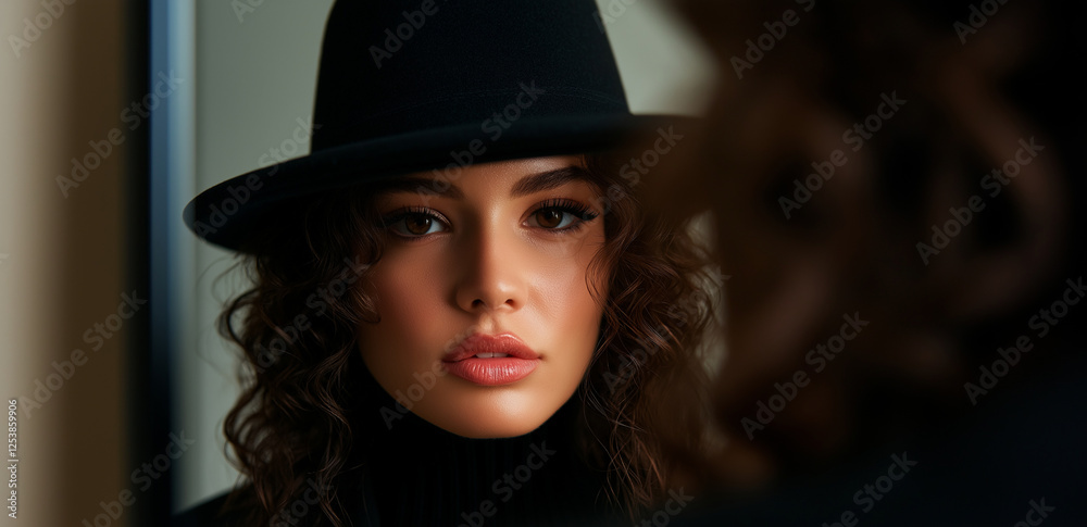 close up portrait of woman with curly hair wearing black hat, gazing thoughtfully into mirror. Her expression conveys confidence and elegance, highlighting her features beautifully close up portrait of woman with curly hair wearing black hat, gazing thoughtfully into mirror. Her expression conveys confidence and elegance, highlighting her features beautifully