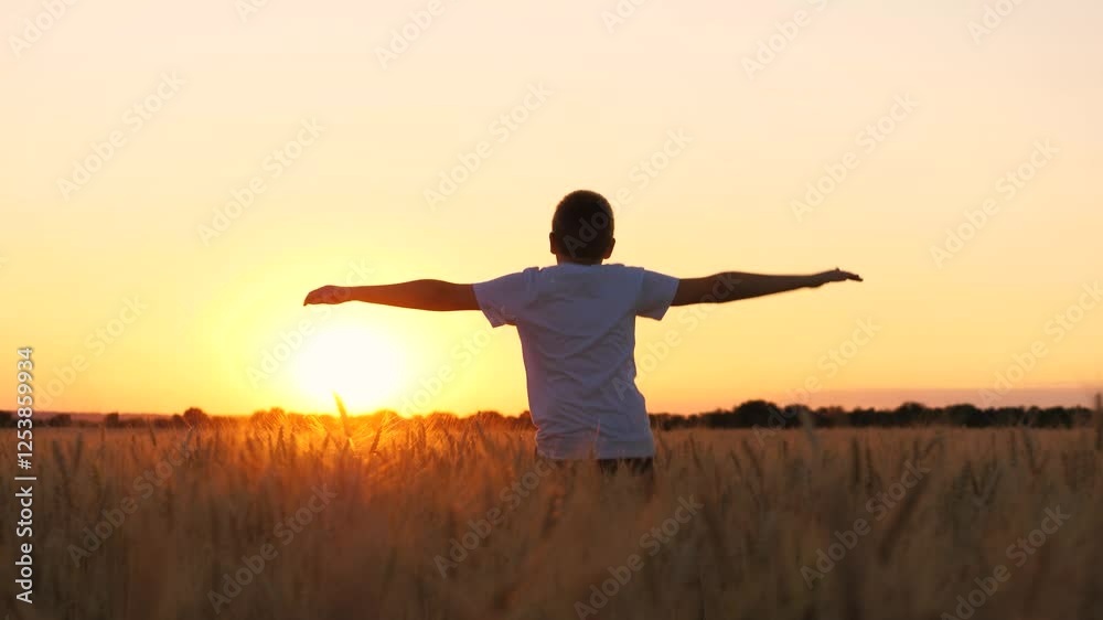 Overjoyed male teenager speed running on wheat field picturesque sunset sunrise bright sun light sky back view. Teen boy movement with raised hands enjoy freedom happy childhood at countryside meadow