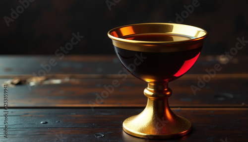 Obraz na płótnie Golden chalice filled with deep red wine, placed on a dark wooden surface with soft, moody lighting, Maundy Thursday w salonie