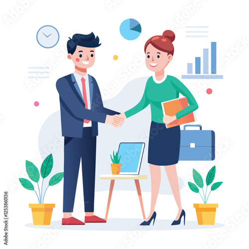 People shaking hands at work - Two businesspeople, man and woman doing handshake in office at work while smiling over business agreement and deal. Flat design stock illustration on white background