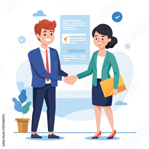 People shaking hands at work - Two businesspeople, man and woman doing handshake in office at work while smiling over business agreement and deal. Flat design stock illustration on white background