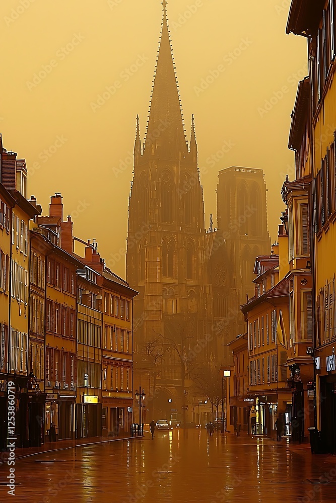 Fototapeta premium Foggy cathedral square with towering spires vanishing into the mist creating a mystical atmosphere