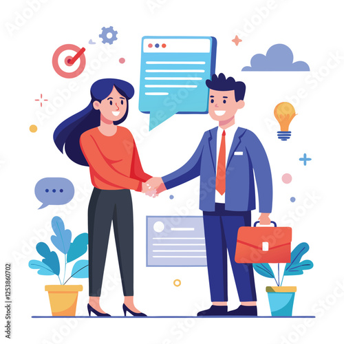 People shaking hands at work - Two businesspeople, man and woman doing handshake in office at work while smiling over business agreement and deal. Flat design stock illustration on white background