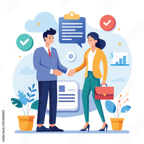 People shaking hands at work - Two businesspeople, man and woman doing handshake in office at work while smiling over business agreement and deal. Flat design stock illustration on white background