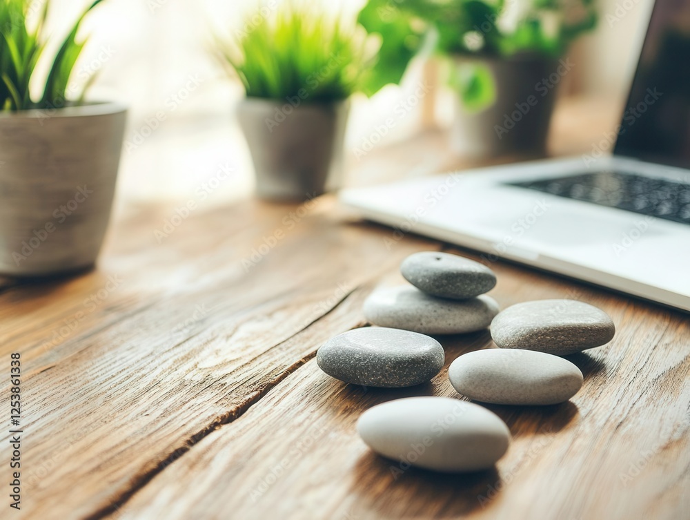 Zen Stones Arranged Near Laptop in Minimalist Office Setting for Mindfulness Content Zen Stones Arranged Near Laptop in Minimalist Office Setting for Mindfulness Content